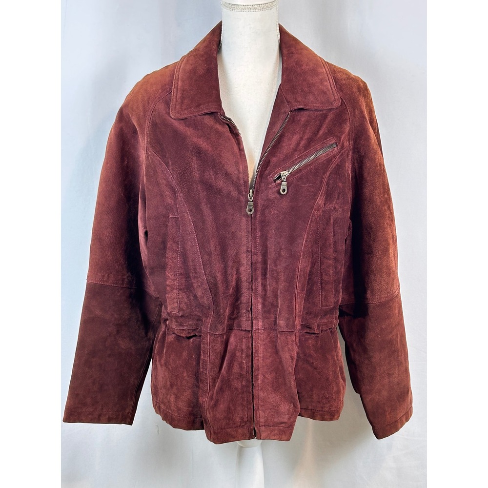 Out Brook Burgundy Suede Leather Zip Frnt Jacket Women Wine Cinched Waist Large